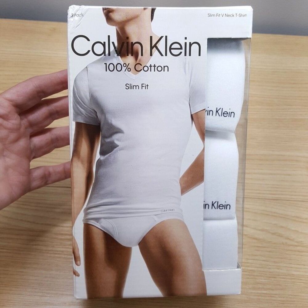 CALVIN KLEIN Shirt Mens Small White 3-Pack V-Neck Tee Slim 100% Cotton T-Shirt